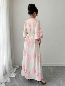 Rafferiza 女士纯色拼接长袖印花休闲长裙 - 粉色 - 查看 2