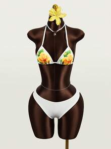 Zestiva 3件套女士印花V领吊带上衣、纯色迷你裙和比基尼泳裤泳装套装，情人节女士套装，夏季度假套装 - 彩色 - 查看 5