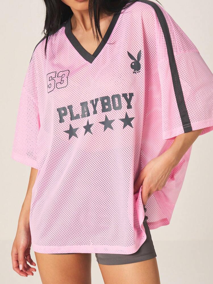 Missguided x Playboy Damen Rosa Mesh Fußballtrikot mit kontrastierendem Schwarzen Saum und Logo Muster