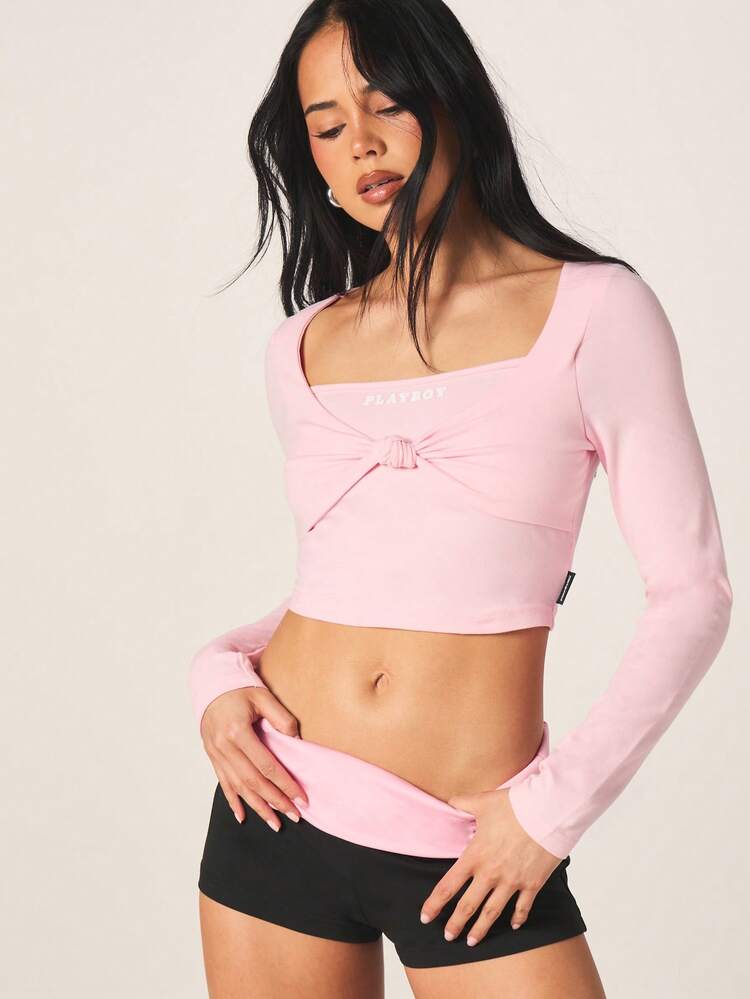 Missguided x Playboy Women Long Sleeve Ruched Front Knot Detail Sweetheart Neckline Cropped Top With Bunny Logo Print