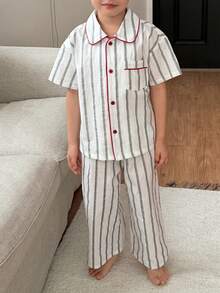 Dazy Kids Young Boy Striped Mandarin Collar Short Sleeve Single-Breasted Top And Pants Pajama Set - White - View 8