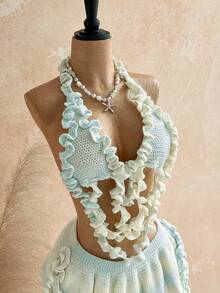 Soleia Women's Frill Trim Knit Halter Top And Double Frill Trim Knit Midi Skirt Set - Multicolor - View 6