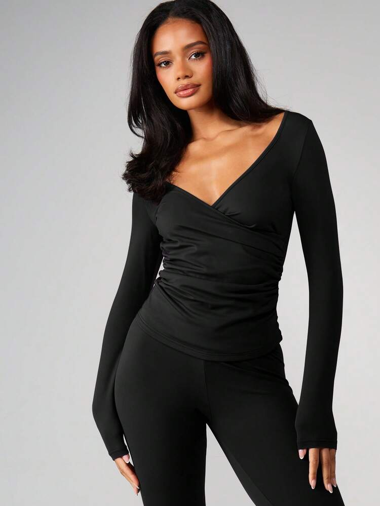 MISSGUIDED Koszulka sportowa z długim rękawem i marszczeniami dla kobiet, dekoltem w serek, kopertowym przodem, do ćwiczeń na siłowni, fitnessu i sportu