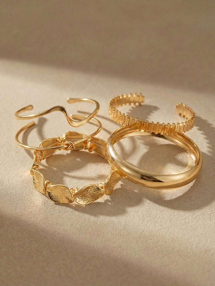 Arave Bộ 5 chiếc/1 bộ vòng tay hở hình học xoắn trơn họa tiết hoa tinh tế phong cách Bohemian cổ điển thanh lịch, thích hợp cho phụ nữ sử dụng hàng ngày, tiệc tùng, ngày lễ, lựa chọn quà tặng hoàn hảo - Vàng - Xem 1