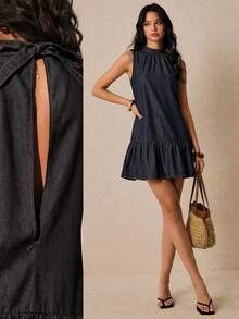 Poéselle New Women's Denim Dress, Casual Washed Denim Sleeveless Ruffle Dress, High-Neck Dress, Mini Dress, Dark Blue Dress. Summer Dresses Summer Outfits  Summer Holiday Outfits Elegant Dresses For Party  Bridesmaid Dress Graduation Dress For Women Ceremony Dress  Elegant Dresses  Summer Vacation Outfits  Formal Dress For Women - Dark Wash - View 1