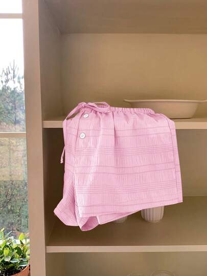 Comfortcana Women's Light Pink Lace-Up Textured Loose Casual Shorts