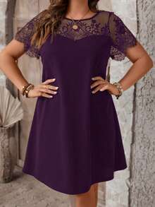 Reflora Plus Contrast Lace Scallop Trim Dress Evening Formal Wedding Guest Dark Purple Summer Elegant Curve - Purple - View 3