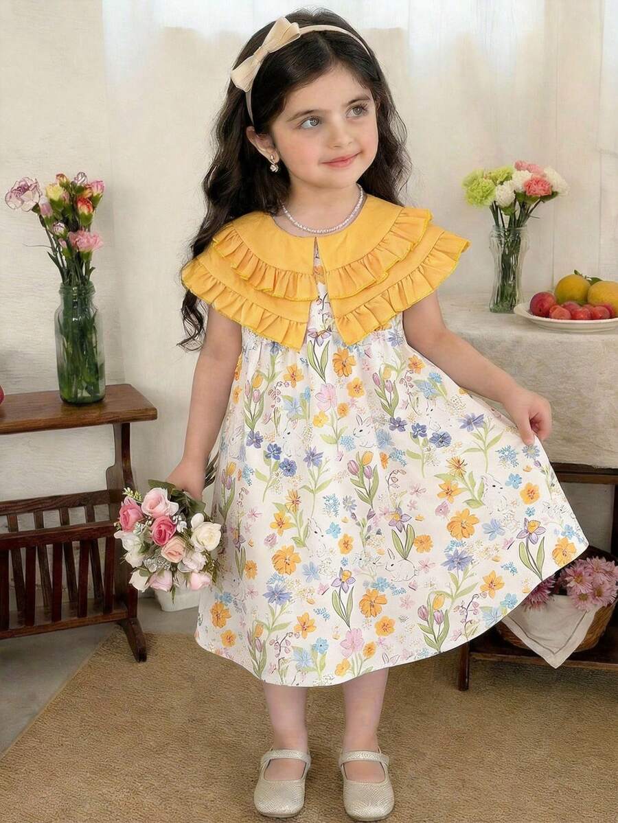 SHEIN LMoss Kids Vestido ajustado con cuello Peter Pan y estampado floral pequeño para niña, conjunto de ropa para vacaciones - Amarillo - Ver 1