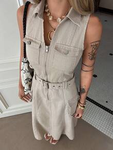 DAZY 女士休闲纯色翻领无袖系带口袋牛仔连衣裙，夏季，婚礼宾客礼服 - 杏色 - 查看 3