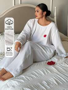 Dazy Plus 2pcs/Set Loose Long Sleeve Top And Long Pants Pajama Set, White, Spring/Summer - White - View 1