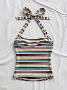 Soleia Women's Vacation Halter Neck Multicolor Striped Fitted Tank Top,Summer Top - Blue - View 2