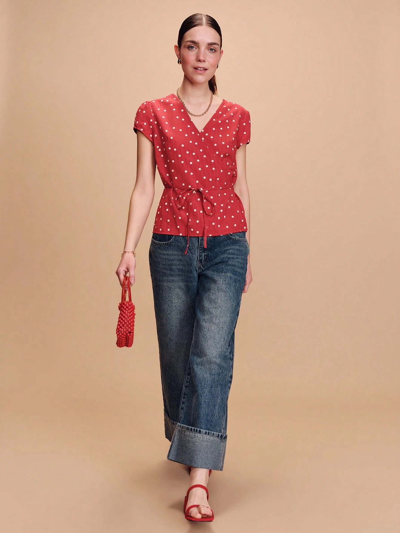 Red Polka-Dot Wrap Top With A Cute And Chic V-Neck Style Business Casual Top Polkadot Top Cute Summer Top Spring Summer French Style Parisian Style Women S Tops And Blouses Work Outfits Women Women Tops