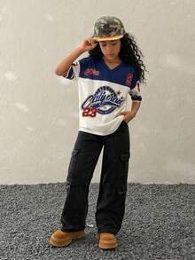 Coolane Kids Tween Girls White Summer Streetwear School Back-To-School Loose Fit V-Neck Short Sleeve Digital Print Baseball Shirt,Baggy Fashionable Cute Jersey - Apricot - View 6