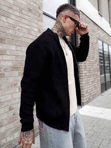 Artur Kramer HUODA 男士宽松针织开衫，加厚针织高弹力拉链立领毛衣 - 黑色 - 查看 5