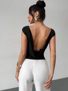 Firerie Áo thun nữ thanh lịch mùa xuân hè, kiểu dáng thường ngày, cổ thuyền, hở lưng màu đen với khóa kim loại trang trí, thích hợp cho kỳ nghỉ, hoạt động ngoài trời, đi làm, mặc hàng ngày, đa năng, phù hợp cho giáo viên. - màu đen - Xem 8