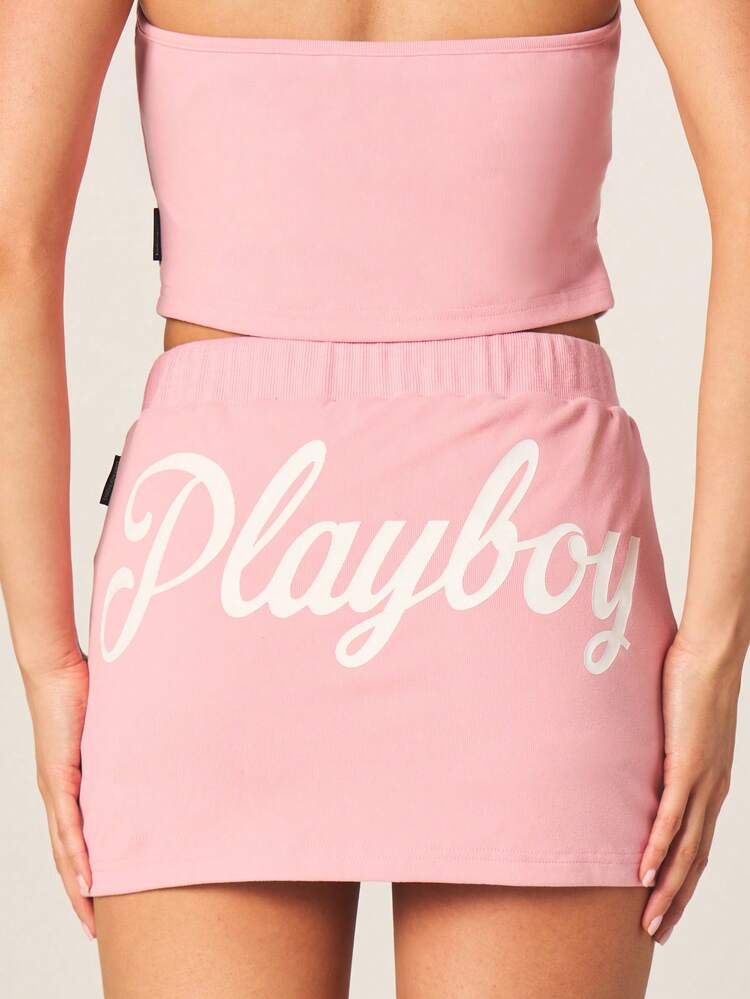 Missguided x Playboy Saia Curta Rosa com Detalhe de Laço com Logo em Estilo Caligráfico, Cintura Alta, Canelada, Casual de Verão