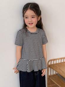 Hapijoa 女童条纹圆领套头T恤，女童秋季夏季服装 - 黑與白 - 查看 2
