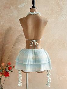 Soleia Women's Frill Trim Knit Halter Top And Double Frill Trim Knit Midi Skirt Set - Multicolor - View 2