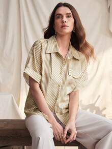 Zovinel Women's Blue And White Striped Short Sleeve Shirt Blouse,Summer Elegant Retro Design Sense Professional Work Top For Office,Brunch,Vacation,Fashion - Multicolor - View 8