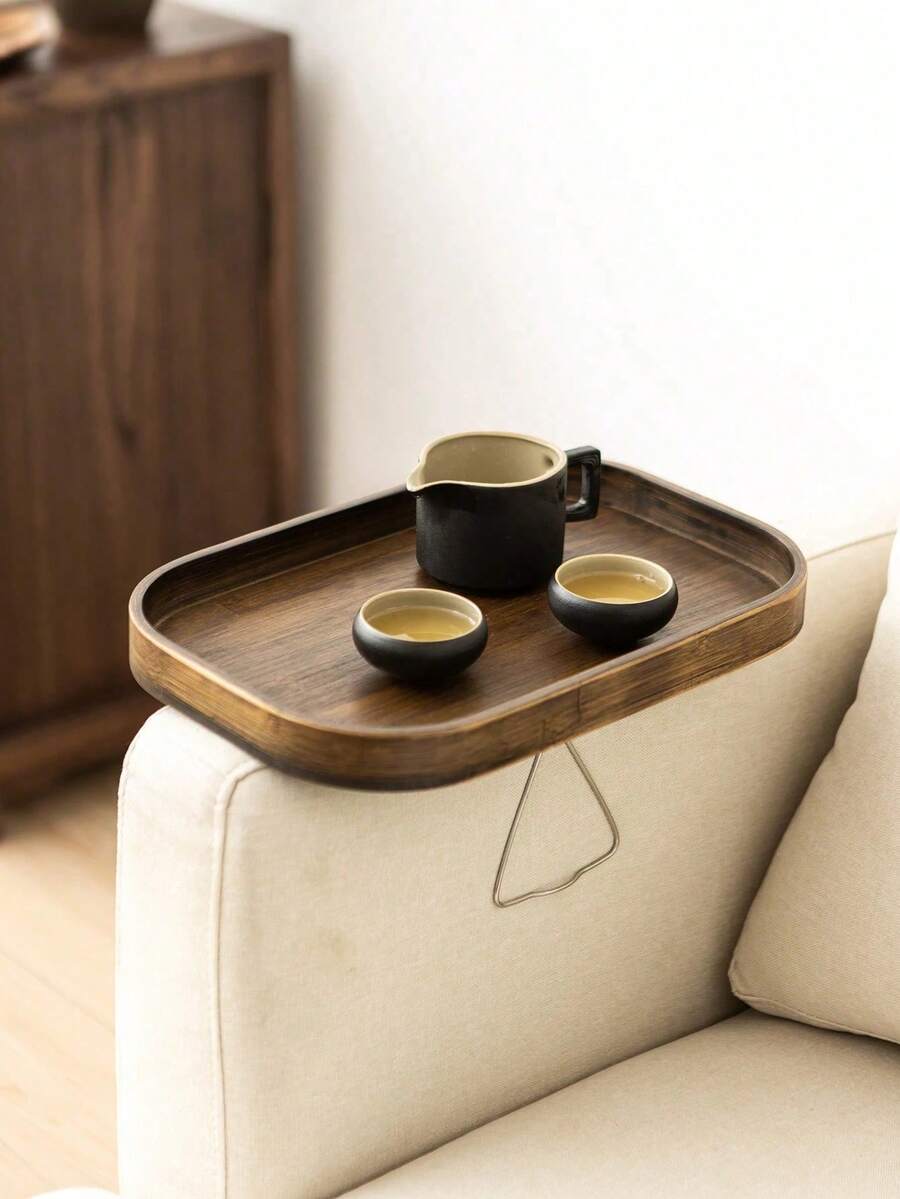Khay hình chữ nhật bằng tre có thể gắn cố định vào tay vịn ghế sofa hoặc bàn phụ bên cạnh sofa. - màu nâu - Xem 1