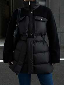 SHEIN Padded Jacket With Fur Collar And Tie Waist And Patchwork, Two Pockets At Front, Waterproof Fabric - Black - View 1
