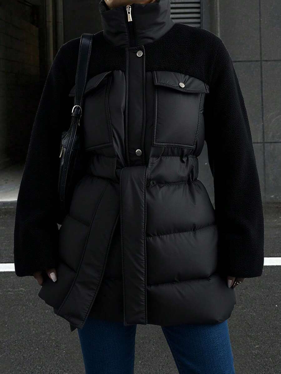 SHEIN Padded Jacket With Fur Collar And Tie Waist And Patchwork, Two Pockets At Front, Waterproof Fabric - Black - View 1