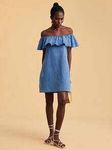 Travachic Đầm denim dáng rộng trễ vai xếp nếp dành cho nữ - Rửa nhẹ - Xem 4