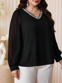 Modelyn Plus Size Women V-Neck Rhinestone Decor Casual Versatile Daily Wear Blouse Gym Brown Autumn - Black - View 4