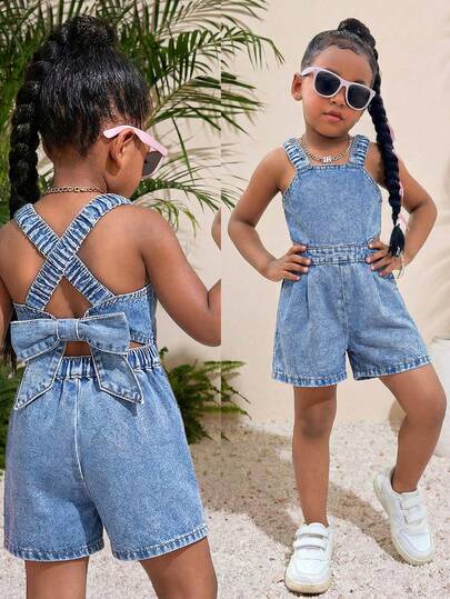 女童蓝色牛仔露背蝴蝶结装饰无袖连体衣