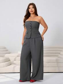 Solflare 大码女式纯色单排扣吊带背心套装，春夏款 - 灰色 - 查看 3