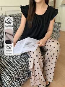 Dazy Plus 2pcs Solid Color Fitted Cap Sleeve Top And Polka Dot Long Pants Cute Pajama Set, Spring/Summer - Black - View 1