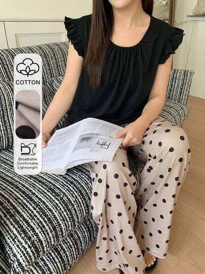 Dazy Plus 2件套纯色修身短袖上衣和波点长裤可爱睡衣套装，春夏款