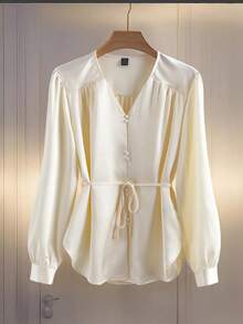 Aveloria Rosie 时尚优雅宽松V领纯色长袖衬衫 - 白色 - 查看 1