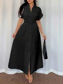 Rafferiza 女式休闲衬衫裙，前襟纽扣，插肩袖，收腰设计 - 黑色 - 查看 4
