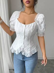 SHEIN Elenzya Women's Elegant Commuter Jacquard Contrast Mesh Blouse, Summer - White - View 5