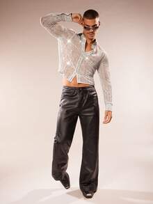 FeverCity Men's Sequin Embellished Long Sleeve Casual Shirt - Silver - View 3