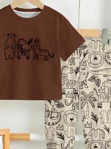 Bubblio 男婴休闲宽松舒适短袖T恤裤套装（2件），适合春夏穿着，经典可爱图案：斑马、老虎、棕熊、狮子、松鼠、河马、大象卡通动物世界印花 - 彩色 - 查看 6