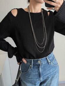 FRIFUL Women's T-Shirt, Shoulder Cut-Out Design, Summer - Black - View 8