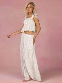 Athîral Women's White And Blue Floral 2-Piece Set,Summer Boho Vacation Holiday Cute Short Sleeve Top And Long Skirt,Floral Print Beach Outfit - Yellow - View 5