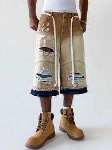 PAVTROS Men's Ripped Slant Pocket Drawstring Loose Fit Denim Shorts - Khaki - View 3