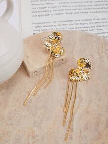 Enchnt 1 对金属花朵设计流苏长款个性耳环，适合女士、时尚派对珠宝情人节 - 金色 - 查看 4