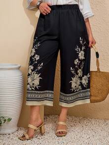 EMERY ROSE Plus Size Women Floral Print Elastic Waist Cropped Pants, Casual Holiday,Going Out,Spring Clothes,Beach Shorts,Vacation Outfits Women Wide Leg Capri Pants Boho Pants For Women Wide Leg Summer Pants, Summer Outfits, Spring Clothes Women,Blue Top,Vacation Outfits Women Floral Pants For Women Print Pants Floral Print Pants Bohemian Pants Women Wide Leg Pant Wide Leg Pants Woman High Waist Women S Summer Pants - Multicolor - View 6
