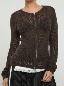 COUREZ Long Sleeve Zip Thru Open Knit Top /Y2K Spring Clothes For Women Brown Knit Hoodie Zip Up Hoodie Cute Going Out Outfits Music Festival Outfits Vacation Outfits Summer Holiday Outfits - Army Green - View 6