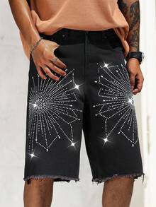 Manfinity EMRG Stylish Men's Rhinestone Black Denim Bermuda Shorts Avant-Garde Street Casual With Graphic Pattern - Black - View 7