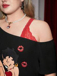 Betty Boop | ROMWE Áo thun thường ngày họa tiết nhân vật hoạt hình & chữ in tương phản, vai bất đối xứng, mùa hè, áo phông họa tiết - màu đen - Xem 3