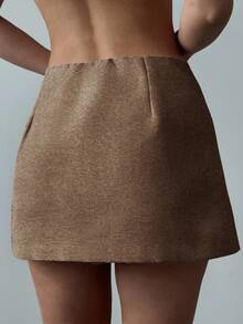 Firerie Women's New Minimalist Elegant Fashion Commuter Metal Accessory Front Wrap Linen Mini Skirt - Brown - View 2