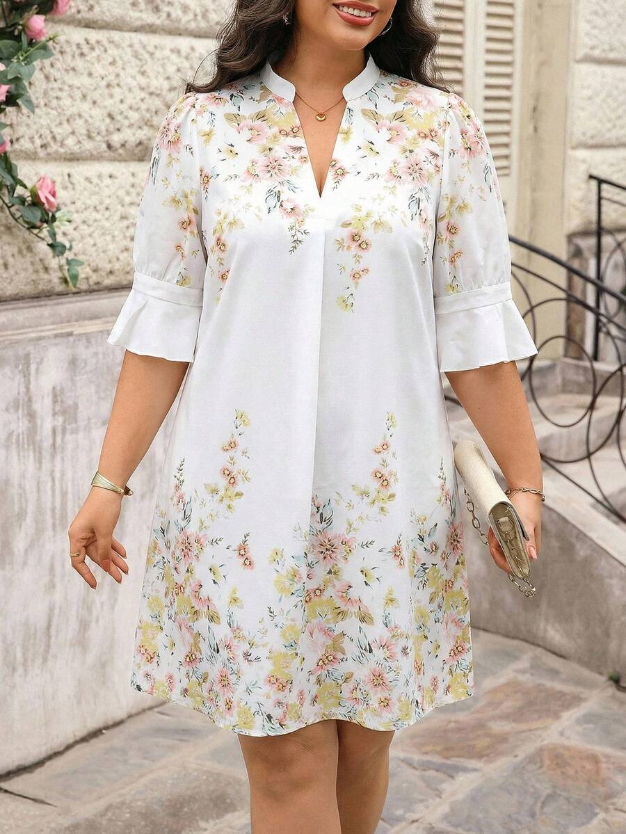 Reflora Abito elegante da vacanza con scollo a V e stampa floreale, taglie comode per donne - Multicolore - Visualizzare 1