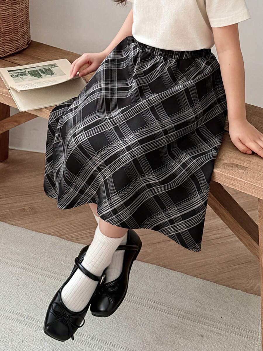 DAZY 女童格子不对称半身裙,女童秋季服装 - 黑與白 - 查看 1