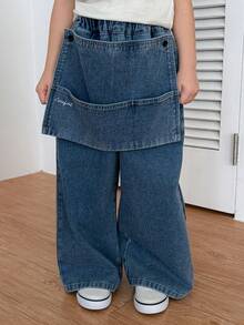 DAZY Young Girl Elastic Waist Patchwork Design Loose Casual Wide Leg Jeans - Blue - View 3