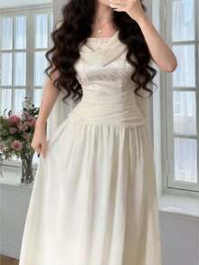 Feyla 新款女士垂褶领提花无袖系带露背拉链收腰优雅连衣裙，适合约会、聚会和日常穿着。 - 米色 - 查看 8